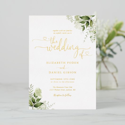 Invitation En Aluminium Coeurs vertes Script Calligraphie Mariage Or (Debout devant)