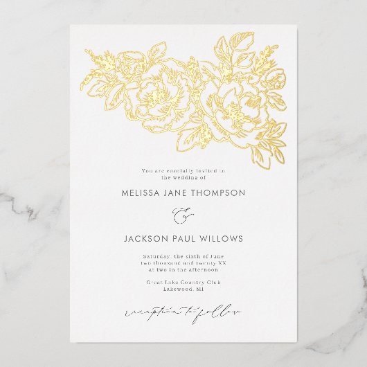 Invitation En Aluminium Coin de fleurs dorées élégant design de mariage (Recto)