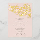 Invitation En Aluminium Coin de fleurs dorées élégant design mariage blush (Recto)