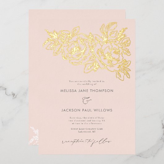 Invitation En Aluminium Coin de fleurs dorées élégant design mariage blush (Recto/Verso)