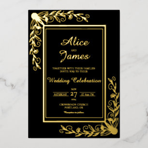 Invitation En Aluminium Coin de vigne floral Élégant Mariage noir or feuil