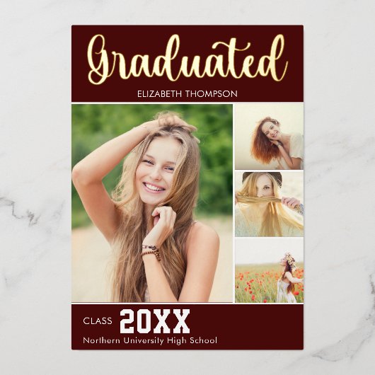 Invitation En Aluminium Collage 4 Photos Modern Script Graduation (Recto)