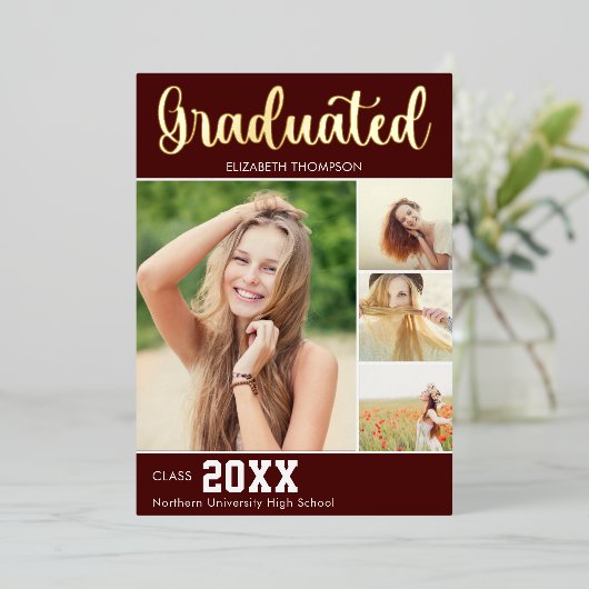 Invitation En Aluminium Collage 4 Photos Modern Script Graduation (Debout devant)