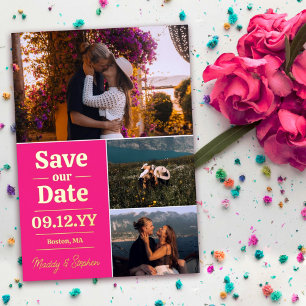 Invitation En Aluminium Collage photo typographie rose gras Save The Date