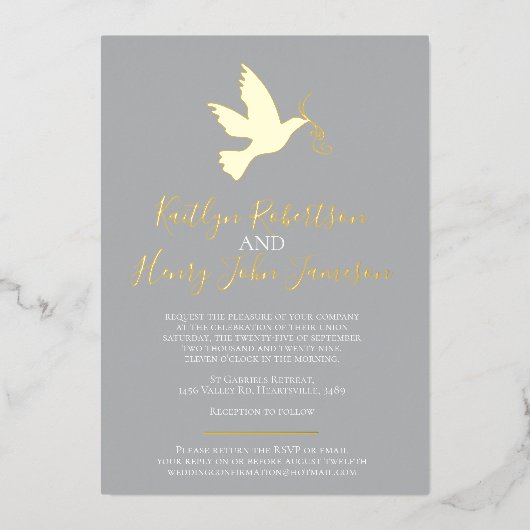 Invitation En Aluminium Colombe or gris simple mariage avec photo (Recto)