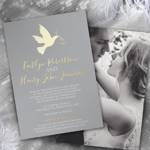 Invitation En Aluminium Colombe or gris simple mariage avec photo