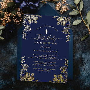 Invitation En Aluminium Communion solennelle garçons floral marine vintage