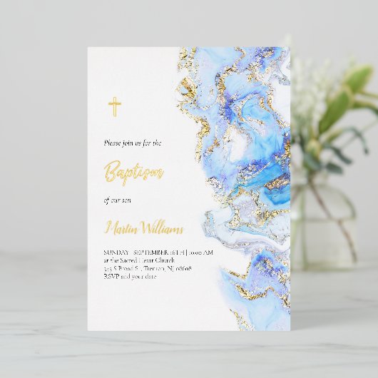 Invitation En Aluminium Conception de marbre fluide Baptême (Debout devant)