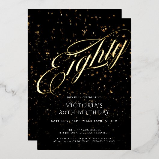 Invitation En Aluminium Confetti 80 Black Gold Elégant 80e anniversaire (Recto/Verso)