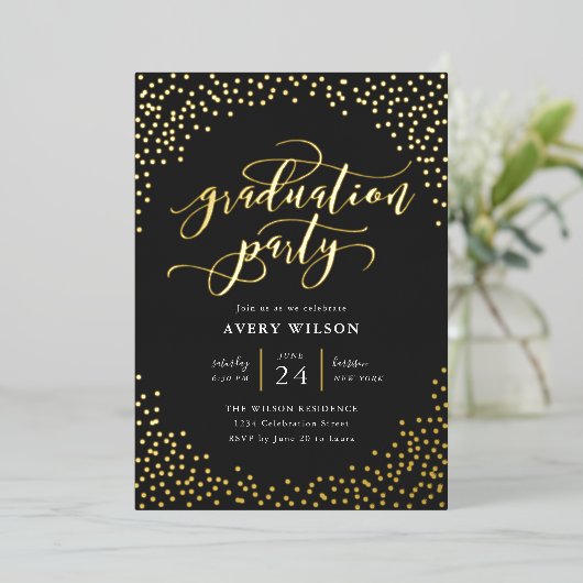 Invitation En Aluminium Confetti Elégant Script Graduation Party Foil Invi (Debout devant)