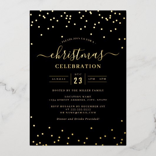 Invitation En Aluminium Confetti Gold Black Christmas Party (Recto)