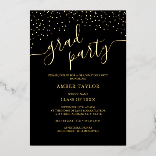 Invitation En Aluminium Confetti Gold Black Graduation Party (Recto)