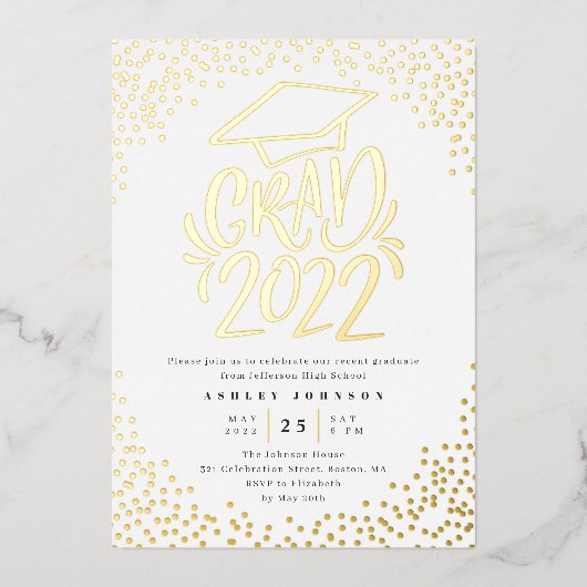 Invitation En Aluminium Confetti Lettered Grad 2022 Graduation Party Blanc (Recto)