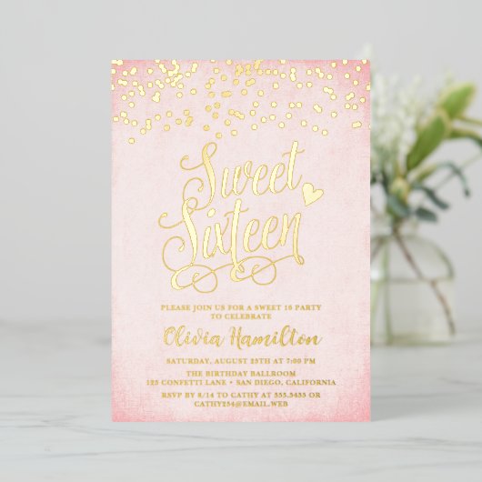 Invitation En Aluminium Confetti Rose & Or Sweet 16 Partie (Debout devant)
