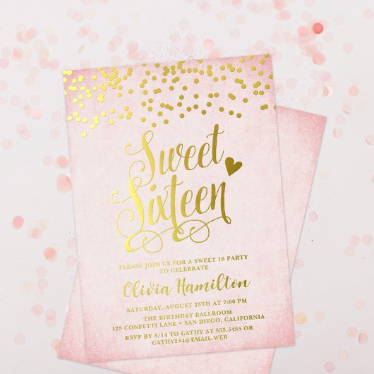 Invitation En Aluminium Confetti Rose & Or Sweet 16 Partie