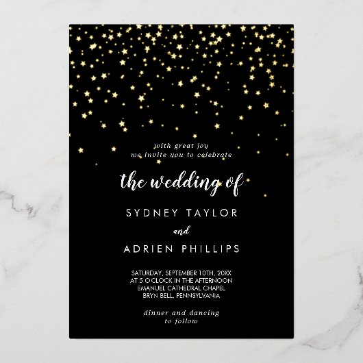 Invitation En Aluminium Confettis dorés|Mariage noir en or véritable (Recto)