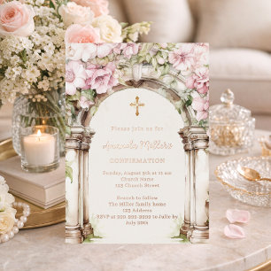 Invitation En Aluminium Confirmation aux florales roses sur fond beige et