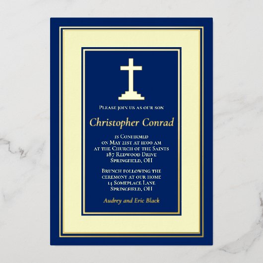 Invitation En Aluminium Confirmation Catholique Navy Real Gold Foil (Recto)