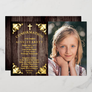 Invitation En Aluminium Confirmation de photo de fille en bois rustique de