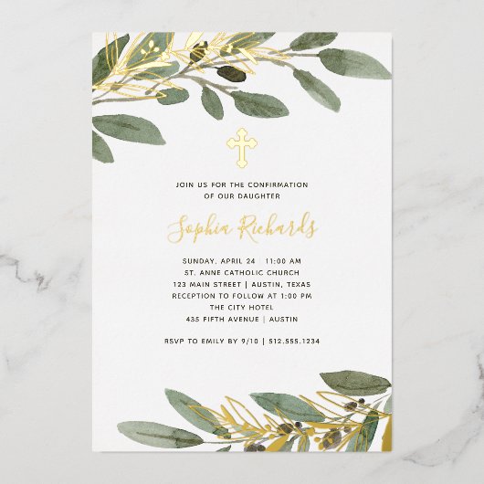 Invitation En Aluminium Confirmation des Feuilles d'huile d'or et d'olive (Recto)