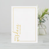 Invitation En Aluminium Conseil Mariage de script moderne et souhaits or (Debout devant)