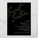 Invitation En Aluminium Cool Black & Gold Sweet sixteen Glam 16e anniversa<br><div class="desc">Invitations modernes et cool de 16ème anniversaire avec titre "Sweet sixteen" texte en feuille d'or sur un arrière - plan noir contrastant. L'envers comporte un motif du mot "seize" dans le script de coordination. Le motif latéral inverse, ainsi que la couleur arrière - plan, peuvent être modifiés à l'aide de...</div>