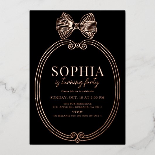 Invitation En Aluminium Coquette Gold Bow/Ribbon Black Anniversaire (Recto)