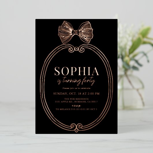 Invitation En Aluminium Coquette Gold Bow/Ribbon Black Anniversaire (Debout devant)