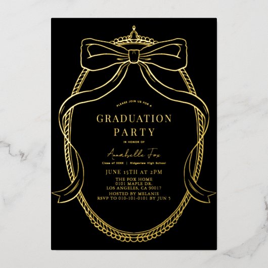 Invitation En Aluminium Coquette Gold Bow Ribbon Black Graduation Party (Recto)