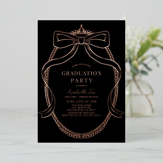 Invitation En Aluminium Coquette Gold Bow Ribbon Black Graduation Party (Debout devant)