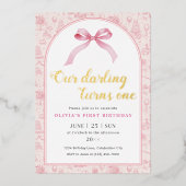 Invitation En Aluminium Coquette Toile rose Bow 1er anniversaire fille (Recto)