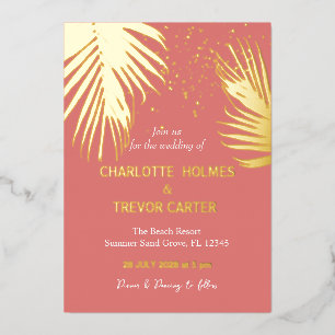 Invitation En Aluminium Coral Palms Tropical Summer Plage Mariage Or