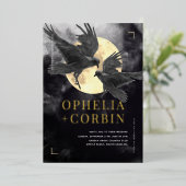 Invitation En Aluminium Corbeau et Lune d'or Mariage gothique noir (Debout devant)