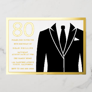 Invitation En Aluminium Costume & cravate dorés et noirs pour une fête d'a