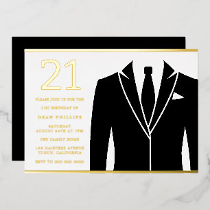 Invitation En Aluminium Costume & cravate dorés et noirs pour une fête d'a