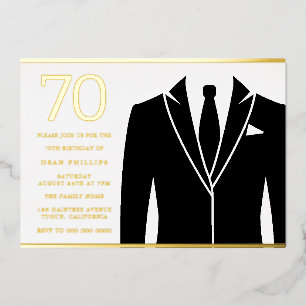Invitation En Aluminium Costume noir & cravate 70e anniversaire or véritab