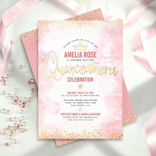 Invitation En Aluminium Couronne aquarelle rose clair et or véritable pour