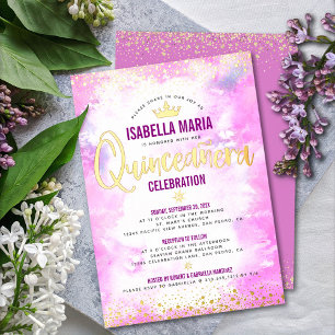 Invitation En Aluminium Couronne aquarelle rose pour Quinceañera, fille, o