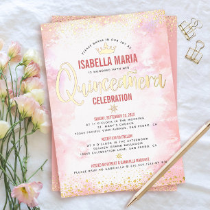 Invitation En Aluminium Couronne aquarelle rose Quinceañera en or véritabl