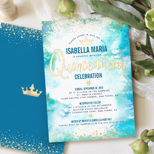 Invitation En Aluminium Couronne aquarelle turquoise Quinceañera or vérita