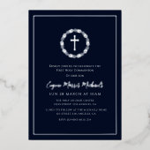 Invitation En Aluminium couronne botanique bleu première communion (Recto)