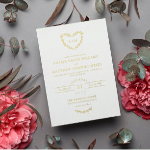 Invitation En Aluminium Couronne de cœur élégante blanche et or Mariage