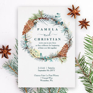Invitation En Aluminium Couronne de cônes de pin d'hiver, mariage eucalypt