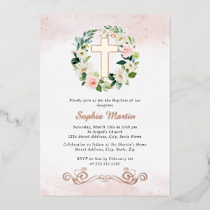 Invitation En Aluminium Couronne de croix dorée brillante florale pour bap