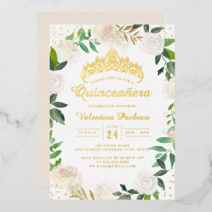 Invitation En Aluminium Couronne de diadème floral en or Quinceanera