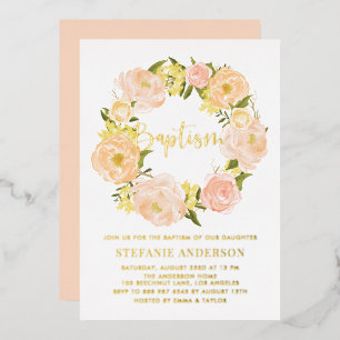 Invitation En Aluminium Couronne de fleurs de pivoine orange Baptême de bé