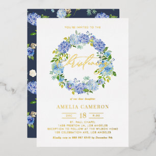Invitation En Aluminium Couronne de fleurs d'hortensia bleues pour baptême