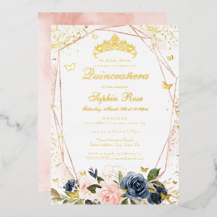 Invitation En Aluminium Couronne de fleurs papillon rose marine pour Quinc