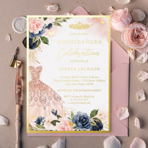 Invitation En Aluminium Couronne de fleurs rose Navy Robe élégante de Quin