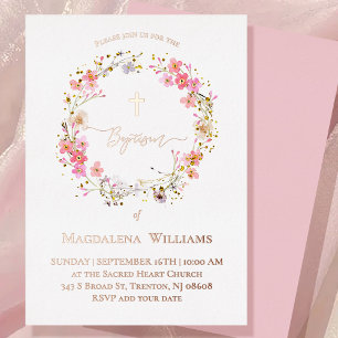 Invitation En Aluminium Couronne de fleurs roses pour baptême